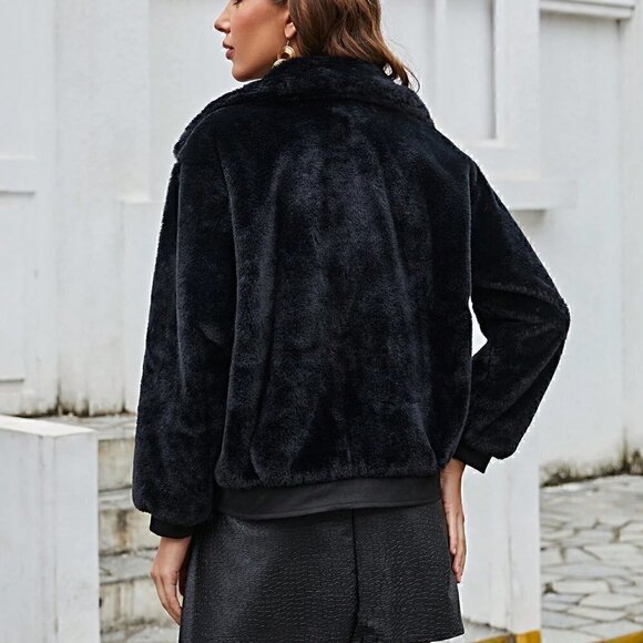 Black Boho Womens Solid Button Front Fuzzy Coat - Picture 2 of 5